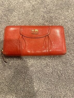 Coach Orange Leather Zip Wallet with Gold Logo